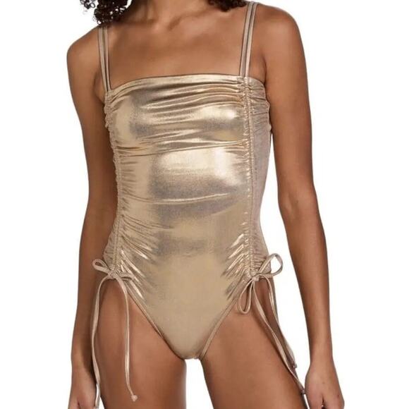 Anthro Good American Shine Ruched One Piece Swimsuit Square Gold Metallic 3 L - Picture 1 of 5